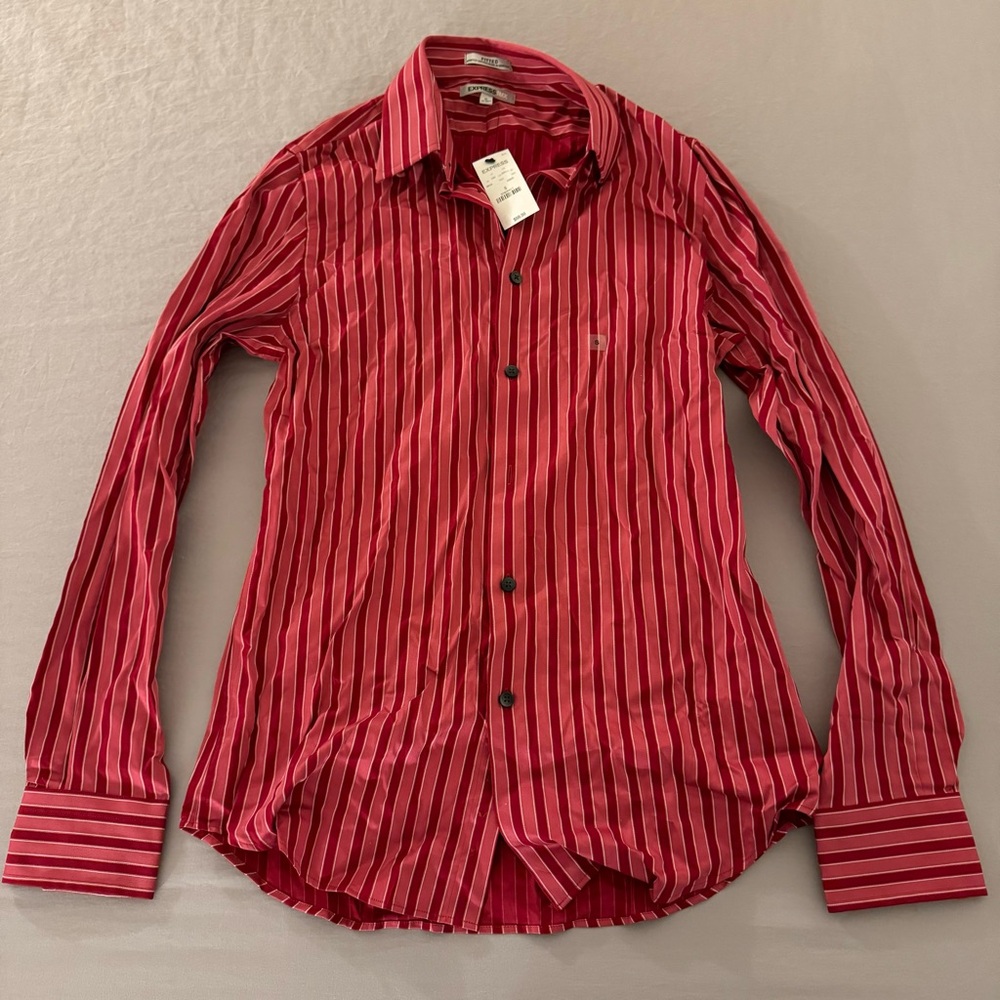 NWT Express Fitted Stretch Cotton Collared Long Sleeve Pink Size Small